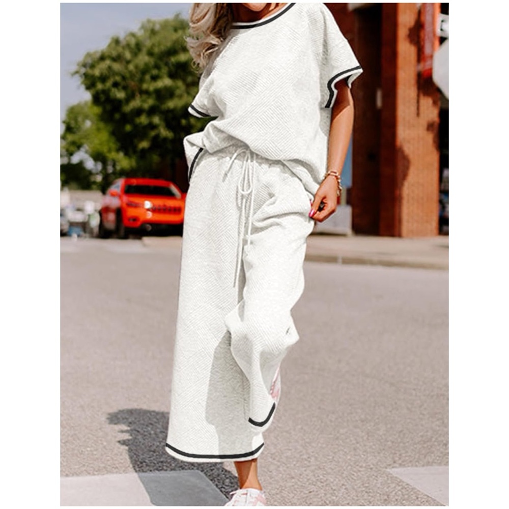 SeeLuNa Black Two Piece Top Wide Leg Pants lounge Track Suit Set New XS White